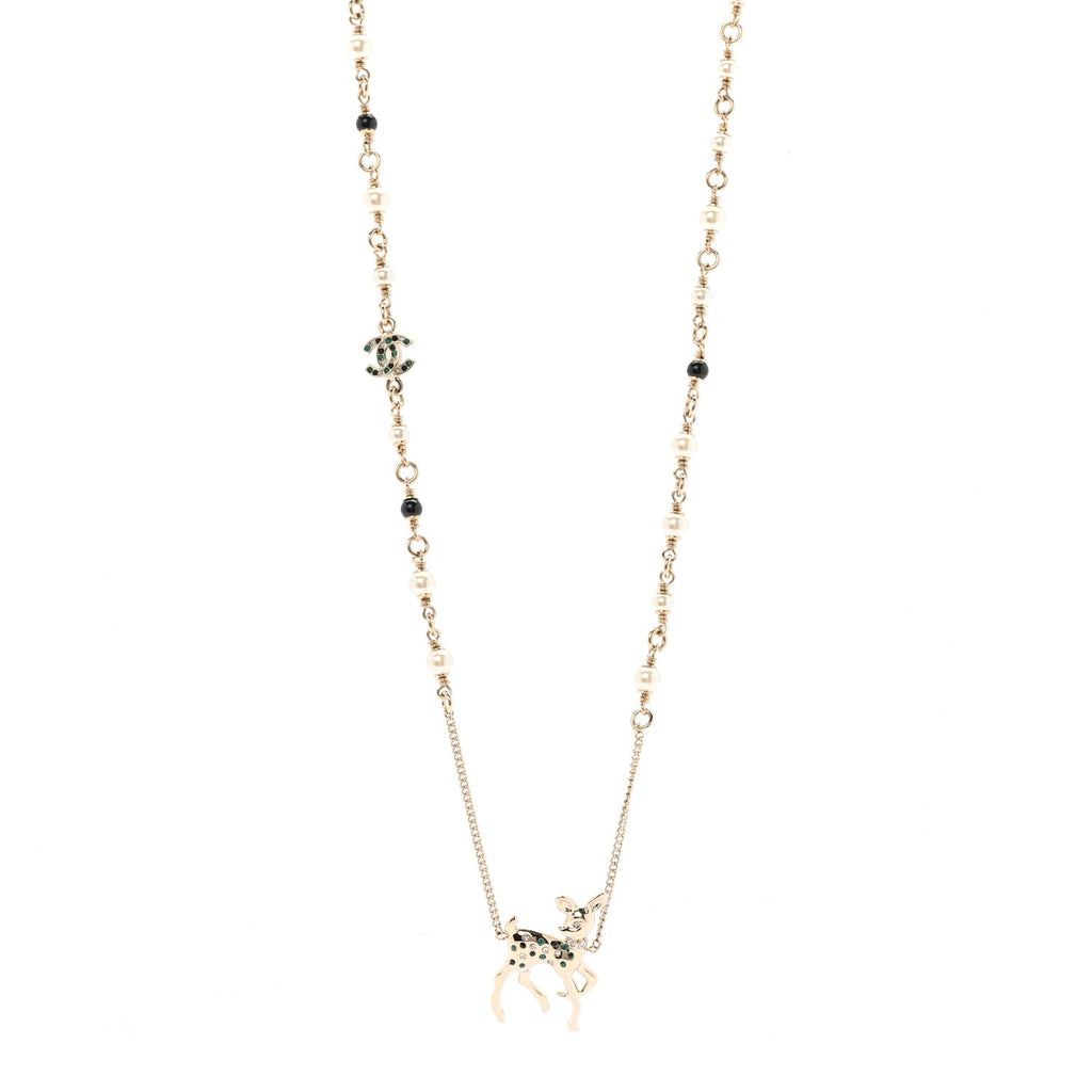 Chanel Pearl Crystal CC Deer Long Necklace Gold Green