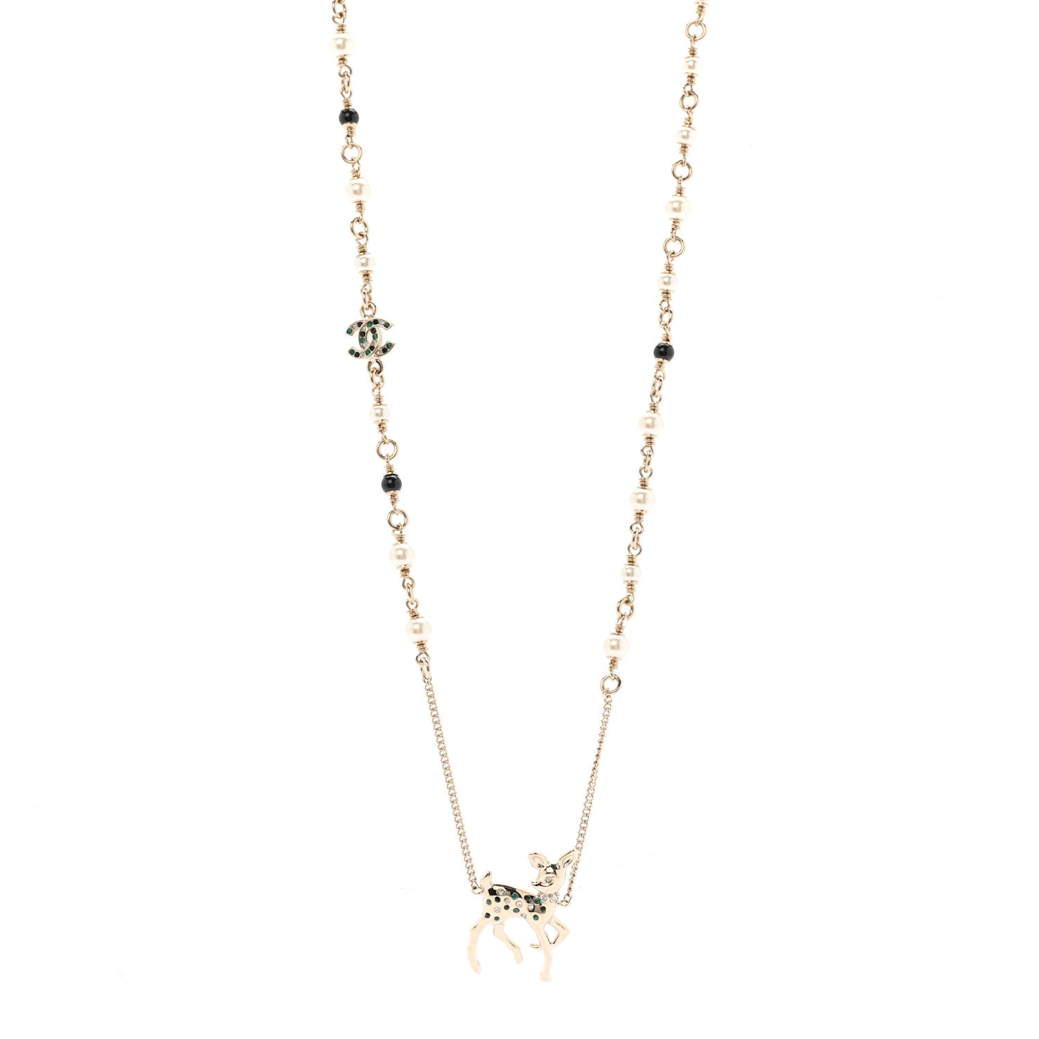 Chanel Pearl Crystal CC Deer Long Necklace Gold Green