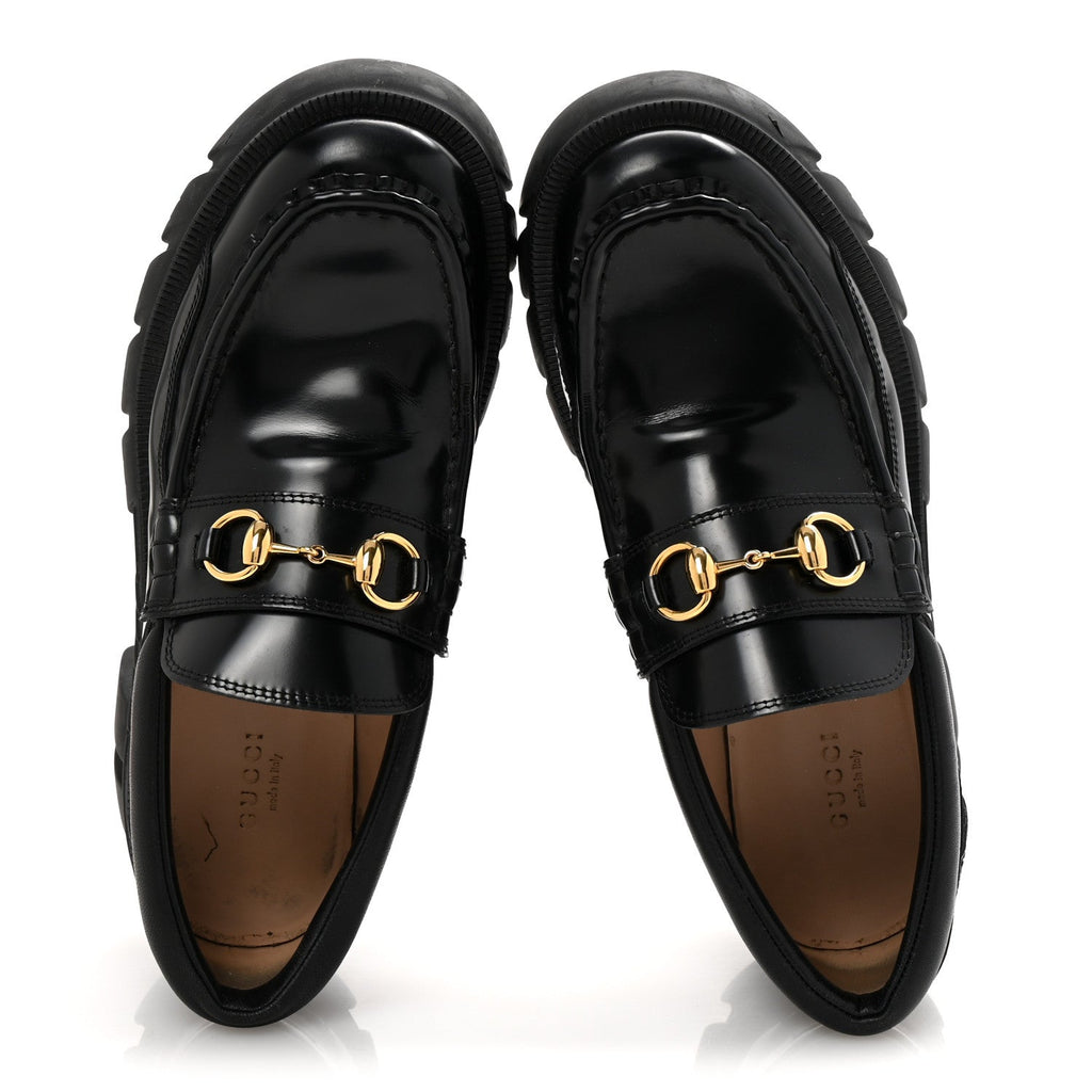 Gucci Magnum Calfskin Nappa Samoa Womens Horsebit Platform Chunky Lug Sole 40mm Loafers 39 Black