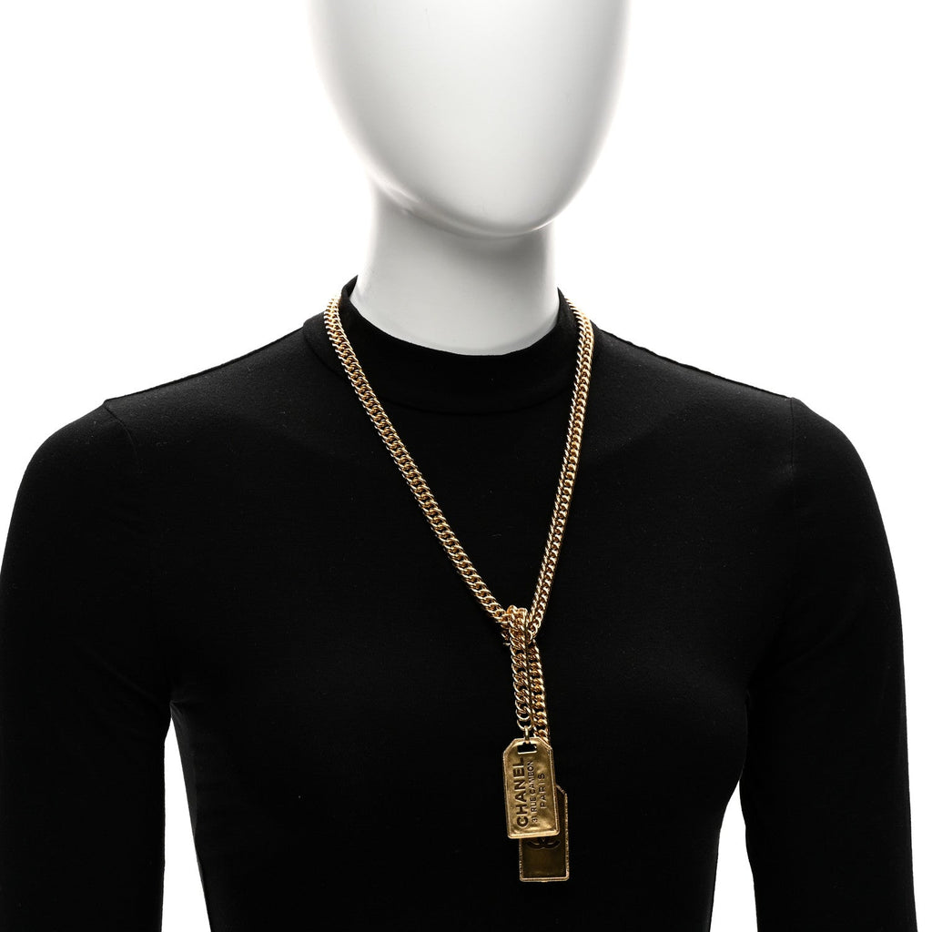Chanel Metal ID Dog Tag Charm Necklace Gold