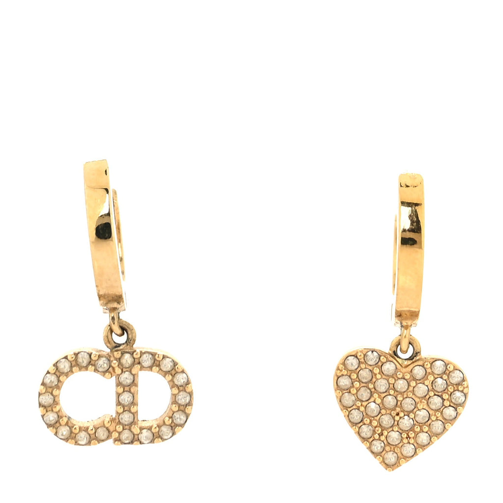 Christian Dior Crystal Heart Clair D Lune Hoop Drop Earrings Gold