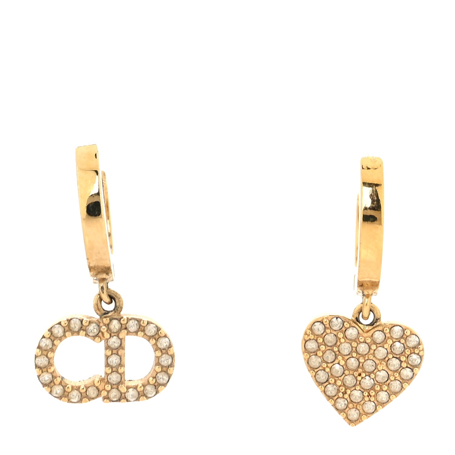 Christian Dior Crystal Heart Clair D Lune Hoop Drop Earrings Gold