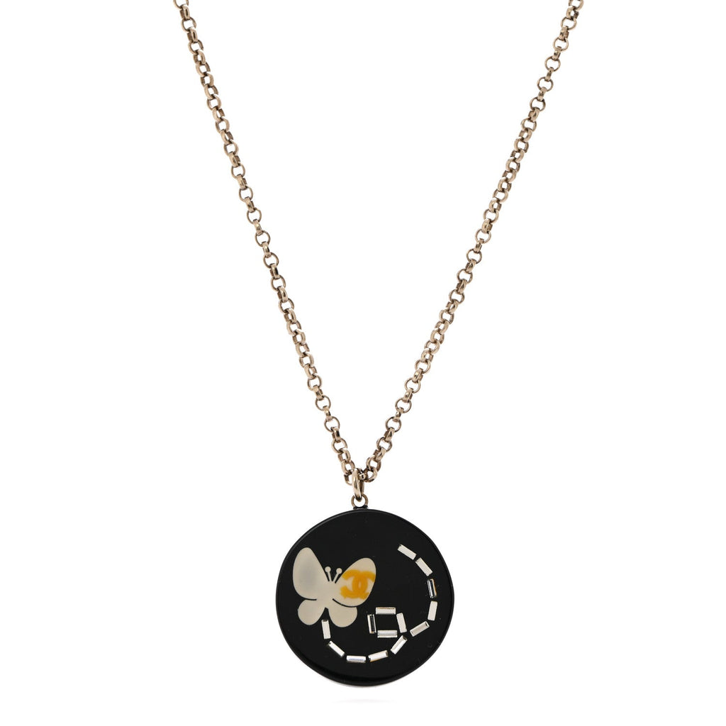 Chanel Resin Crystal Butterfly CC Pendant Necklace Gold Black