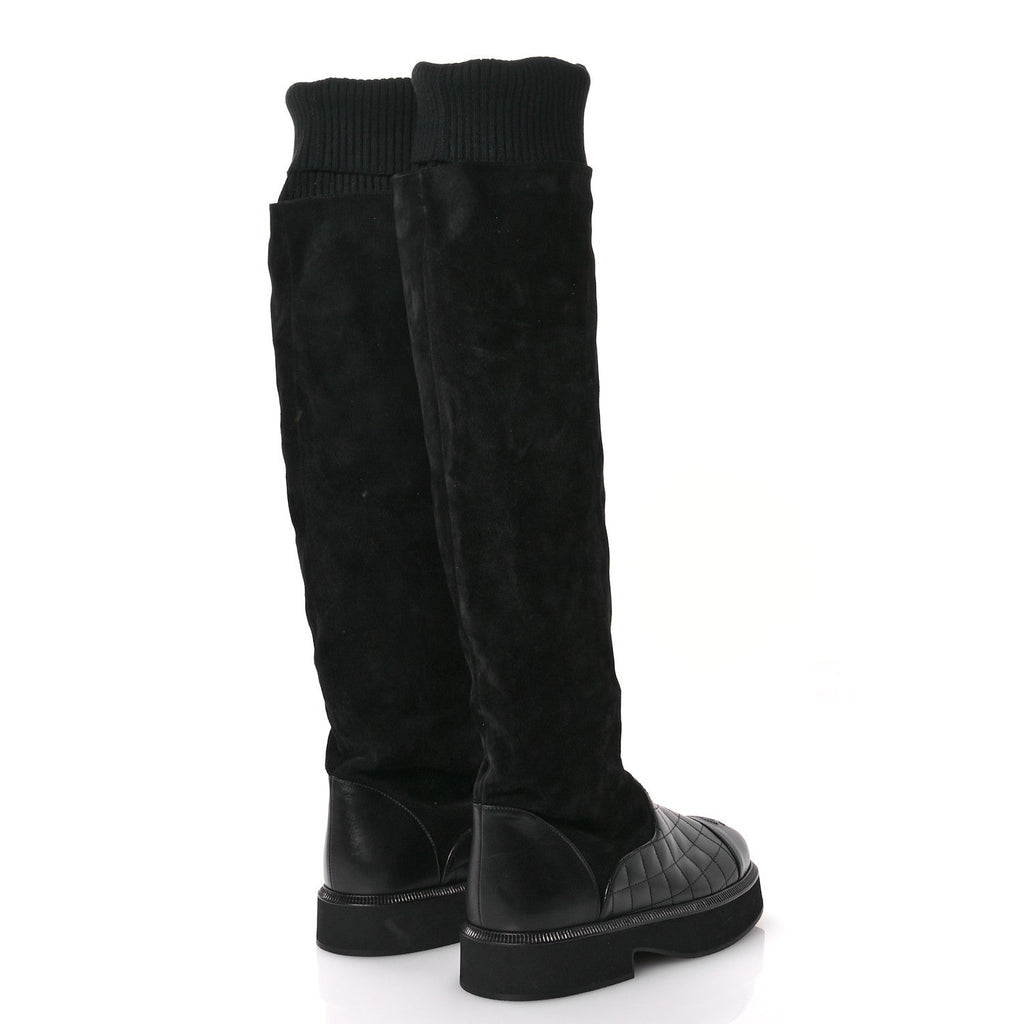 Chanel Suede Lambskin Calfskin Knit Womens High Boots 37 Black