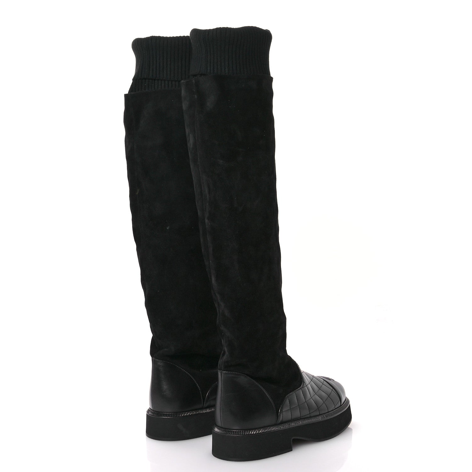 Chanel Suede Lambskin Calfskin Knit Womens High Boots 37 Black