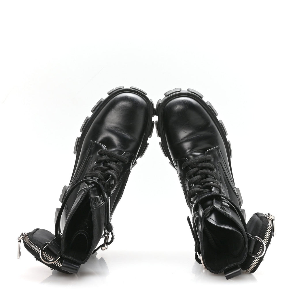 Prada Spazzolato Rois Nylon Metal Triangle Logo Monolith Pouch Pocket 55mm Boots 37 Black