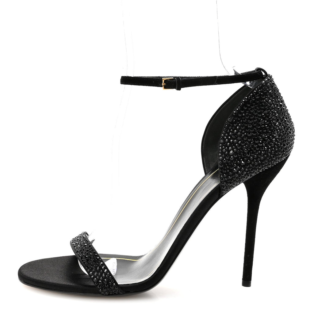 Gucci Suede Satin Crystal Ankle Strap High Heel Sandals 39.5 Black
