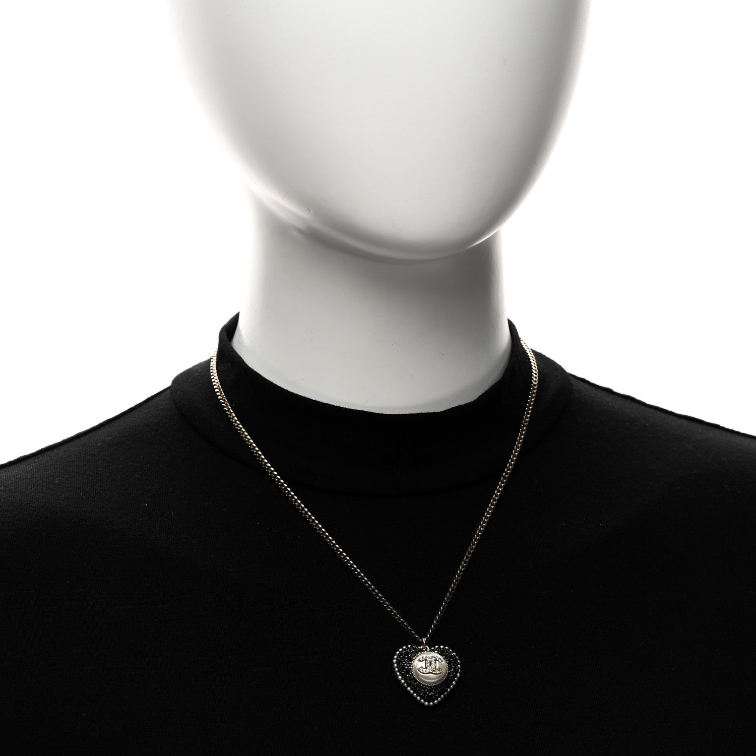 Chanel Pearl Crystal CC Heart Necklace Gold Pearly White Black