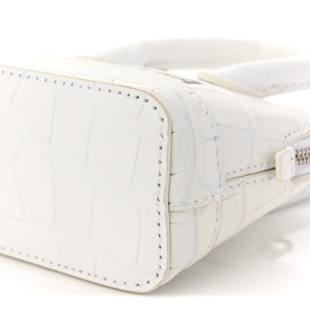 Balenciaga Calfskin Logo Crocodile Embossed Mini Ville Top Handle Bag White Black