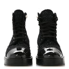 Chanel Tweed Patent Calfskin Pearl Combat Short Boots 37  Black Grey Blue