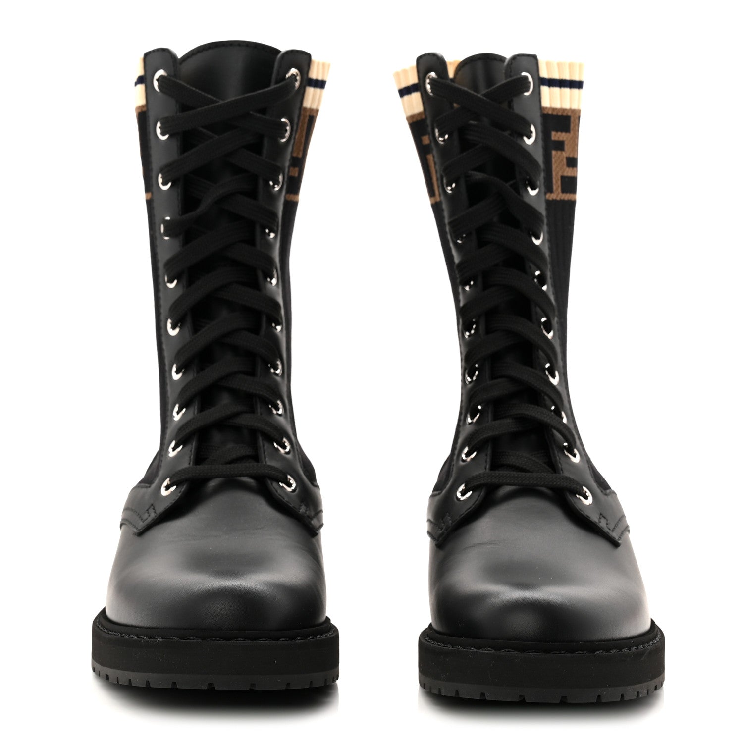 Fendi Calfskin Stretch Fabric Rockoko Biker Boots 37 Tobacco Black Marino