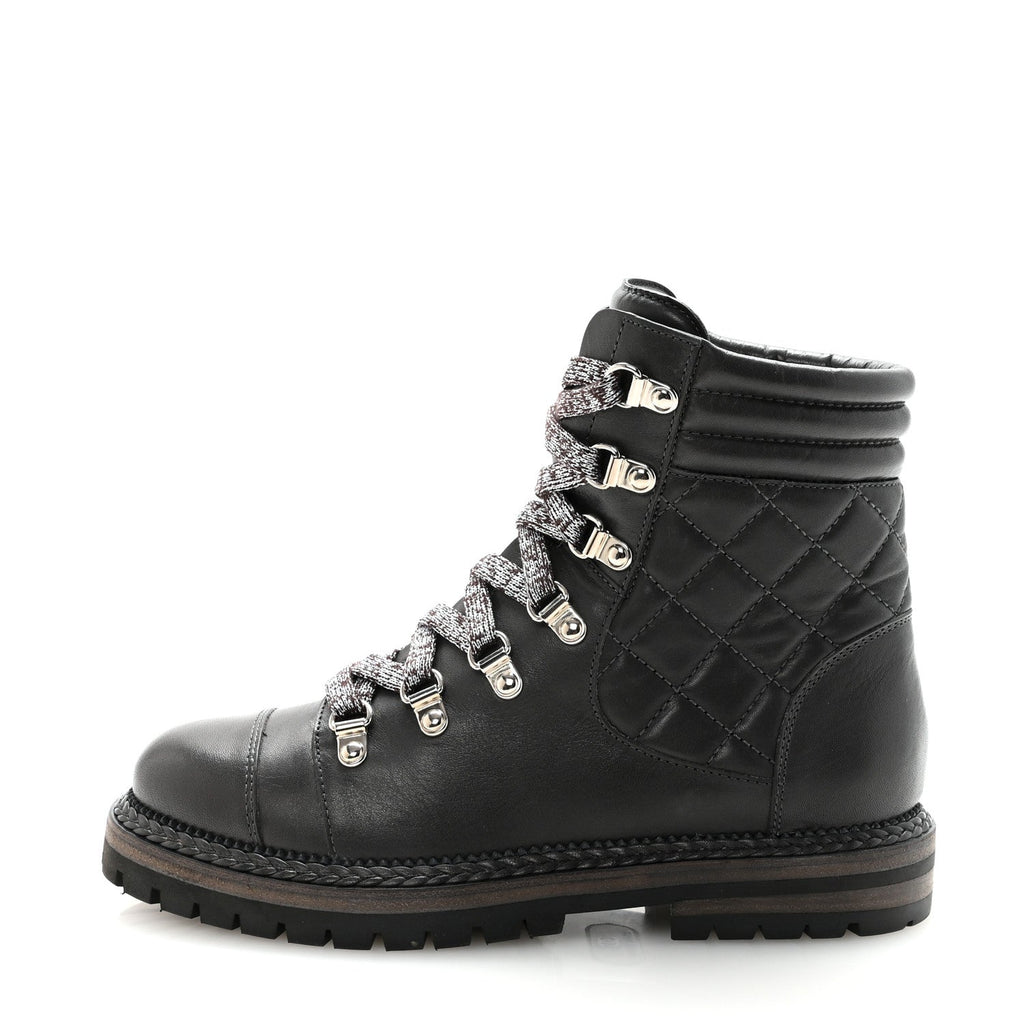 Chanel Lambskin Quilted Lace Up Boots 35.5 Grey