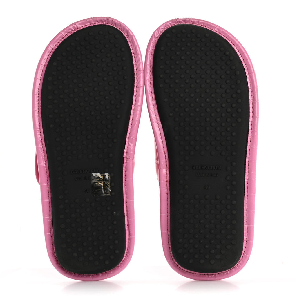 Balenciaga Calfskin Logo Crocodile Embossed Slides 40 Fuxia