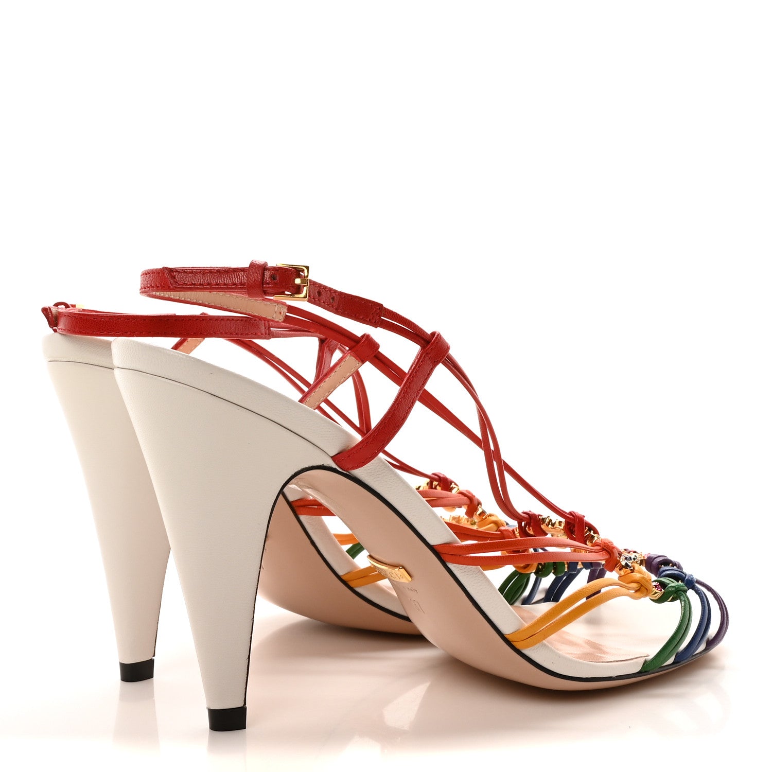 Gucci Calfskin Crystal GG Isa Ankle Strap Mid Heel Sandals 37 Multicolor