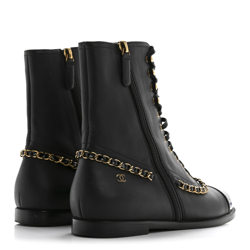 Chanel Calfskin Chain Lace Up Boots 36.5 Black