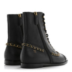 Chanel Calfskin Chain Lace Up Boots 36.5 Black