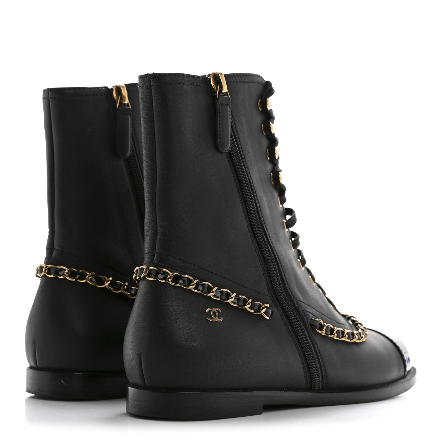 Chanel Calfskin Chain Lace Up Boots 36.5 Black