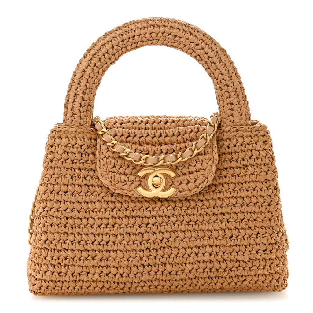 Chanel Braided Raffia Nano Kelly Flap Bag Dark Beige