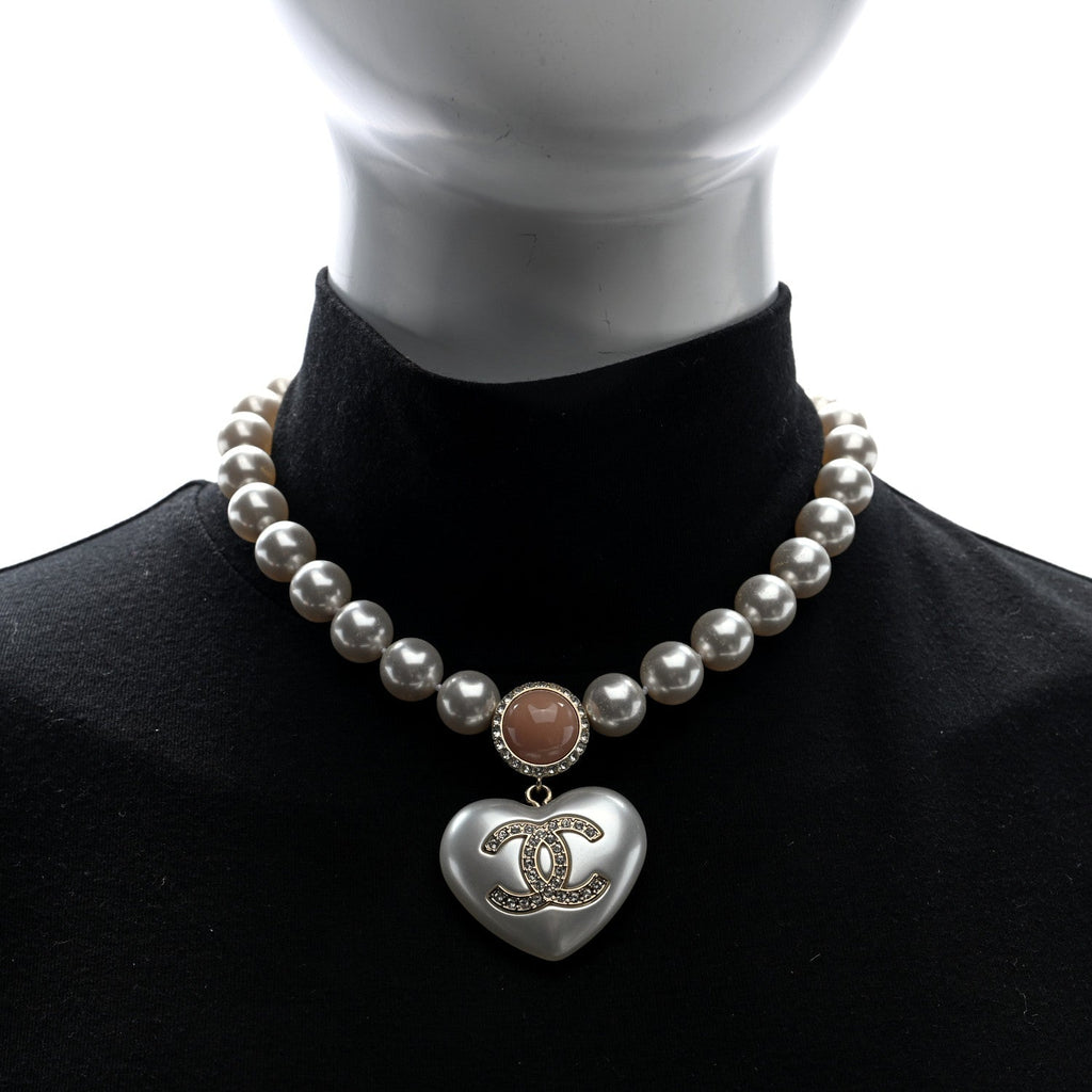 Chanel Pearl Crystal CC Heart Short Necklace Gold Pearly White Pink