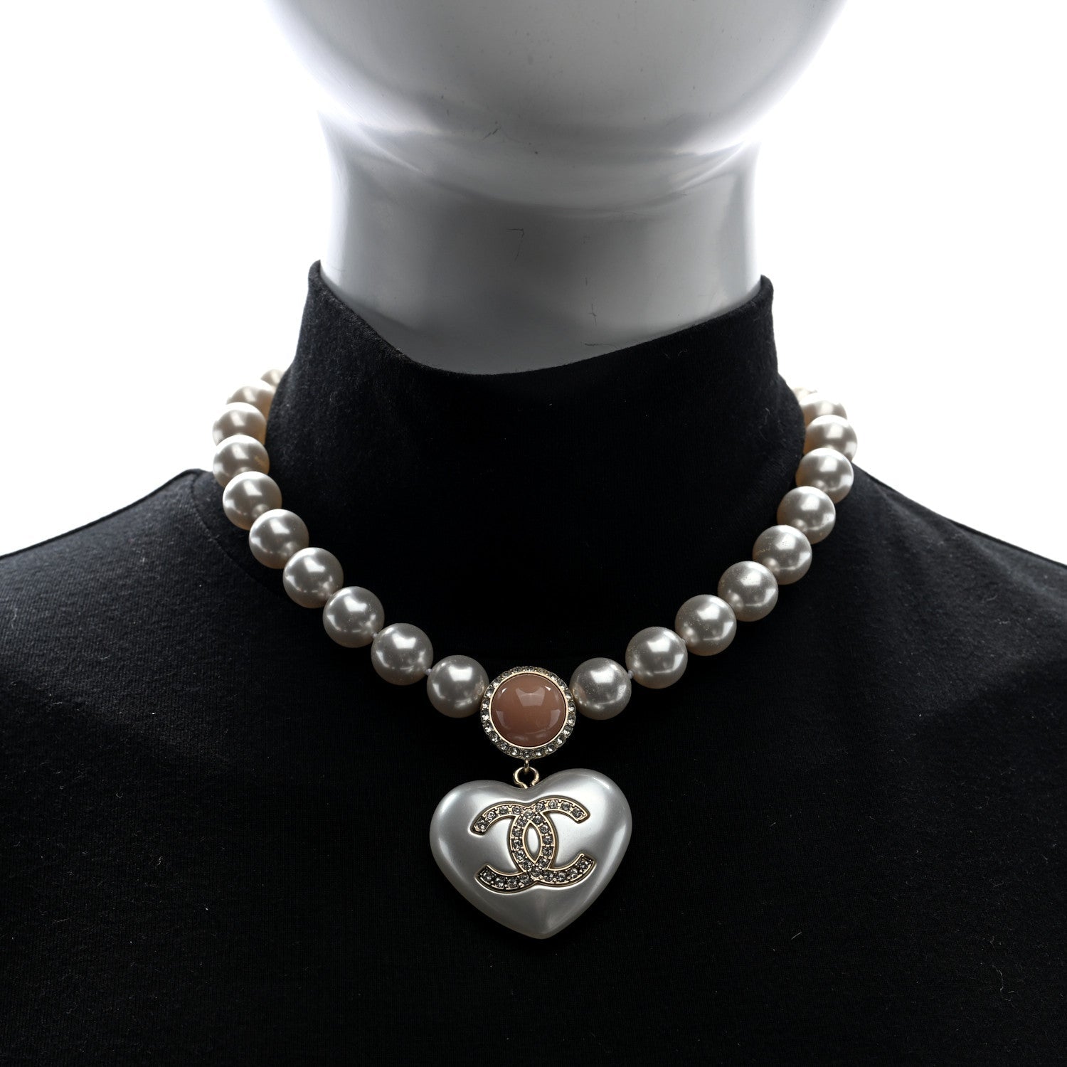Chanel Pearl Crystal CC Heart Short Necklace Gold Pearly White Pink