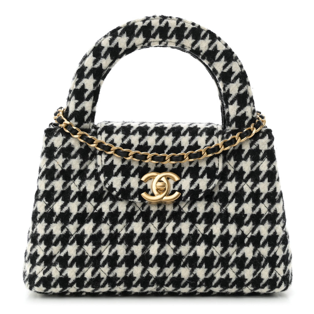 Chanel Tweed Houndstooth Quilted Nano Kelly Shopper Black White