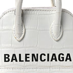 Balenciaga Calfskin Logo Crocodile Embossed Mini Ville Top Handle Bag White Black