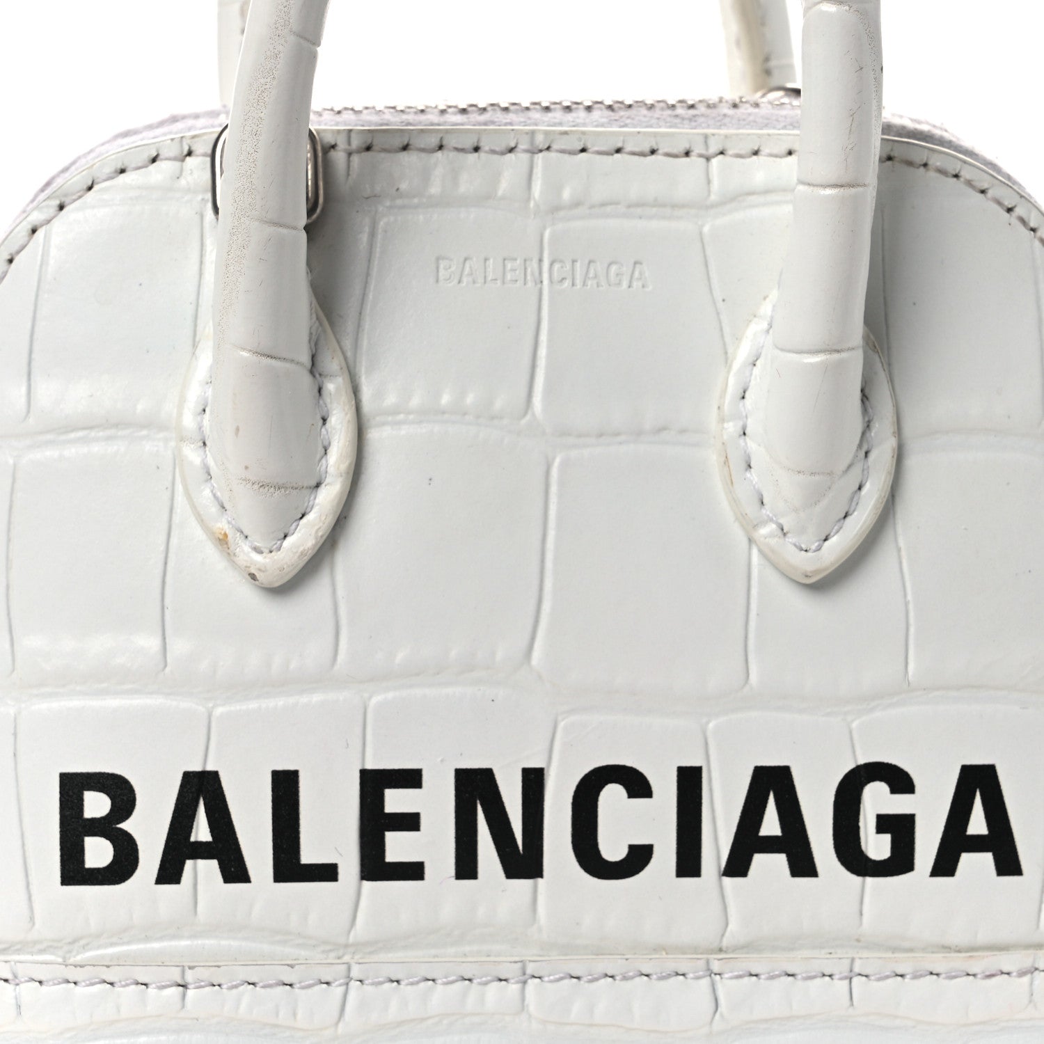 Balenciaga Calfskin Logo Crocodile Embossed Mini Ville Top Handle Bag White Black
