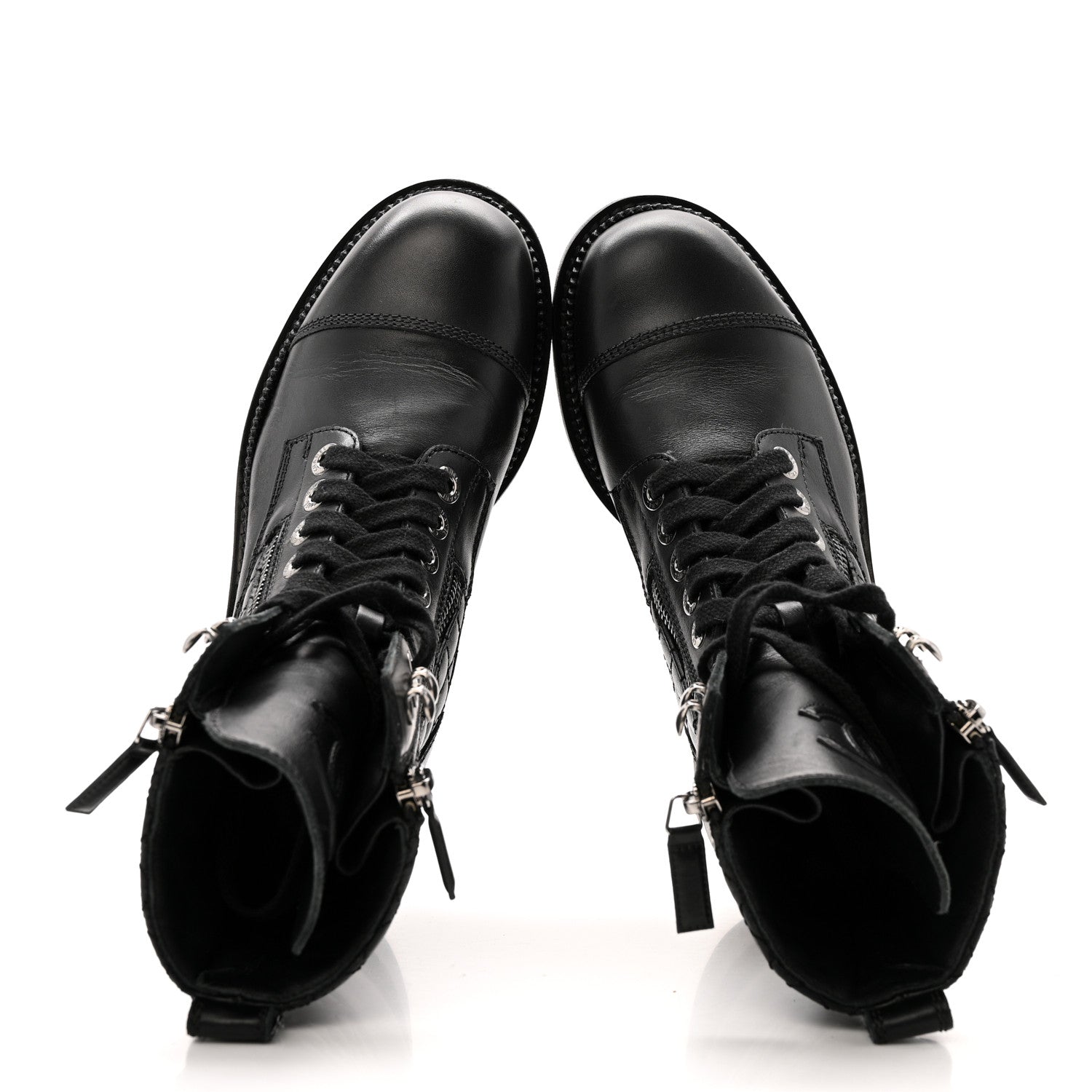 Chanel Calfskin Quilted Lace Up Combat Boots 36.5 Black
