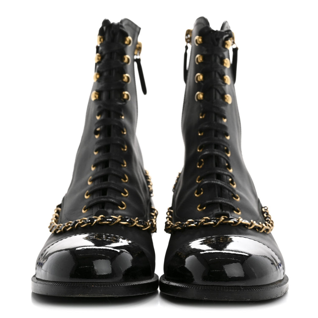 Chanel Calfskin Chain Lace Up Boots 36.5 Black
