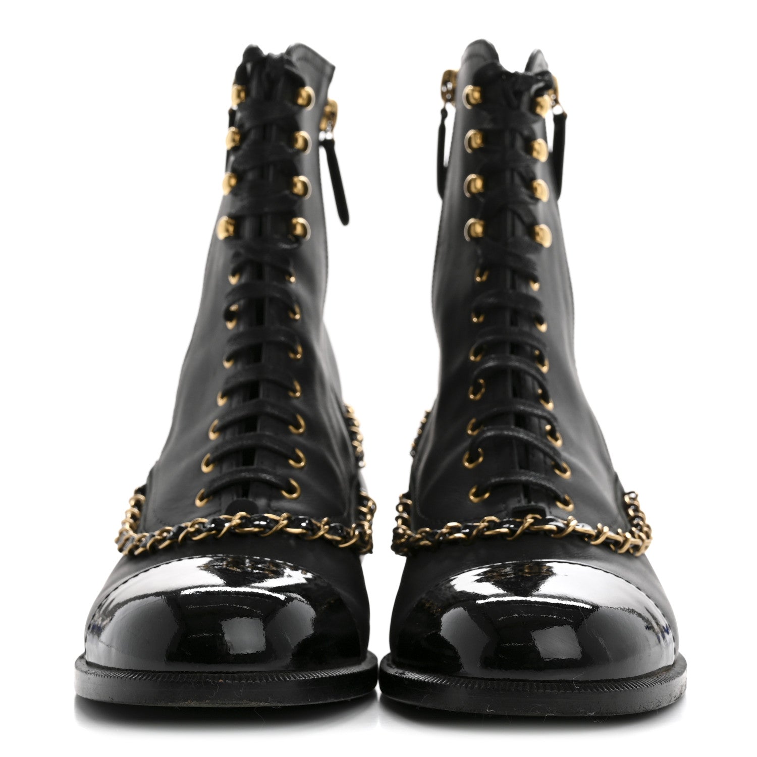 Chanel Calfskin Chain Lace Up Boots 36.5 Black