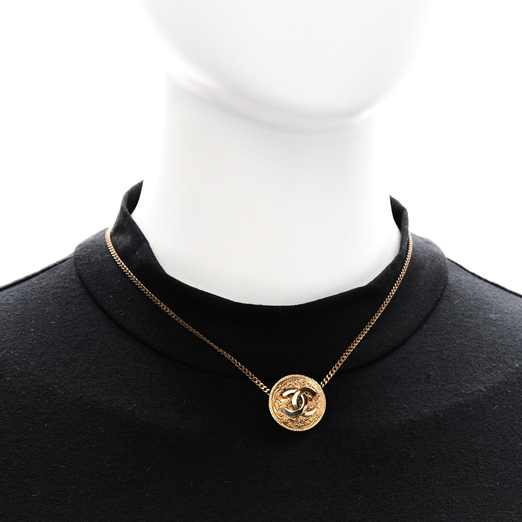 Chanel Metal CC Round Pendant Necklace Gold
