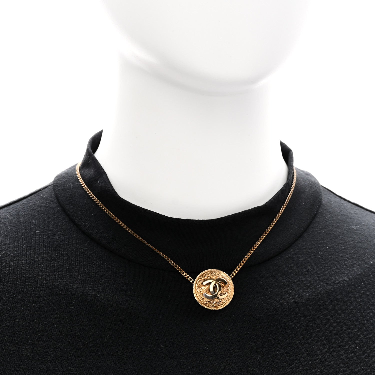 Chanel Metal CC Round Pendant Necklace Gold