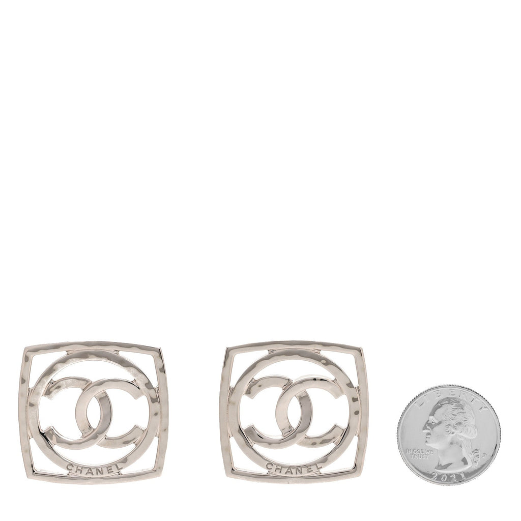 Chanel Metal Square CC Earrings Silver