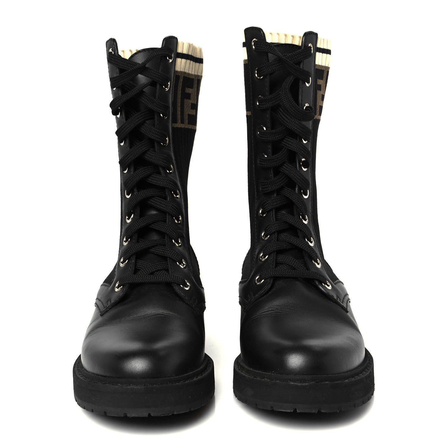 Fendi Calfskin Stretch Fabric Rockoko Biker Boots 36 Tobacco Black Marino