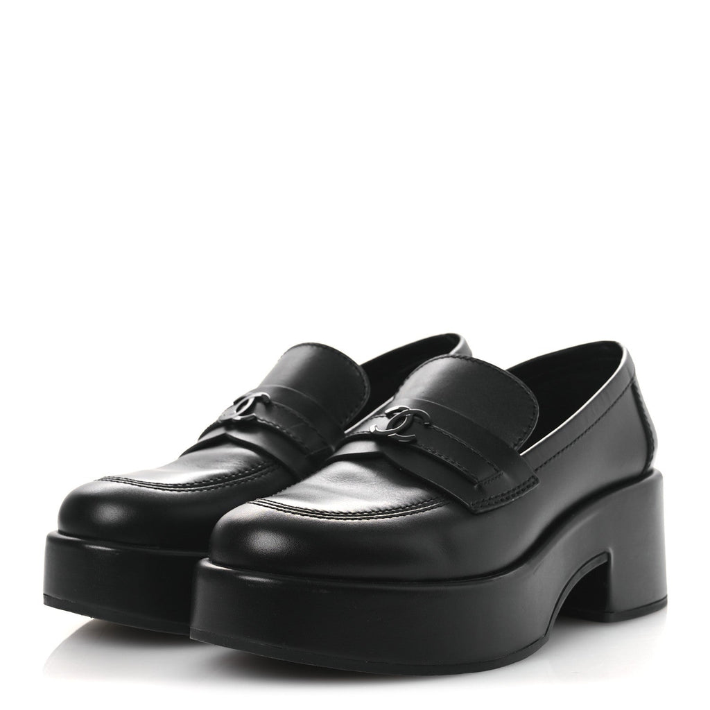Chanel Calfskin CC Platform Loafers 38 Black