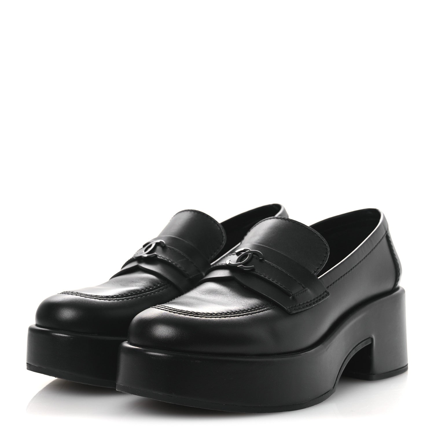 Chanel Calfskin CC Platform Loafers 38 Black