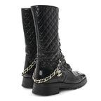 Chanel Shiny Calfskin Patent Quilted Chain Lace Up Combat Long Boots 38.5 Black