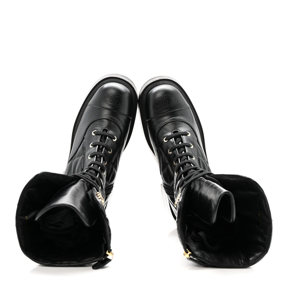 Chanel Calfskin Quilted Logo Lace Up Tall Combat Boots 37.5 Black