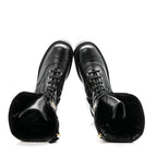 Chanel Calfskin Quilted Logo Lace Up Tall Combat Boots 37.5 Black