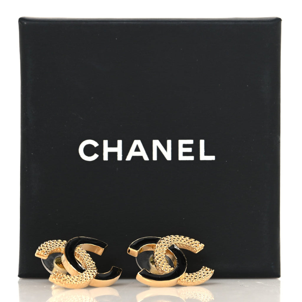 Chanel Enamel CC Textured Earrings Black Gold