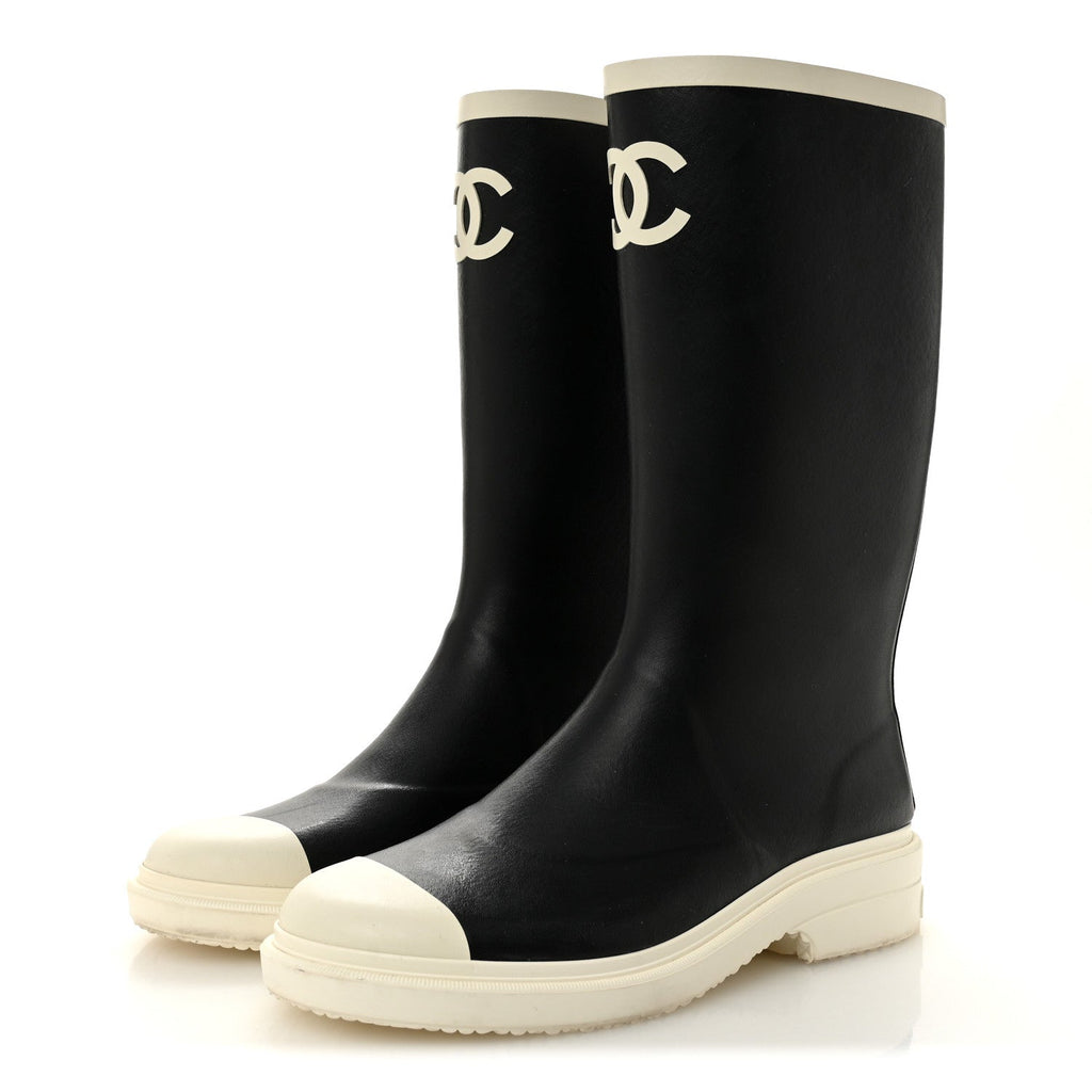 Chanel Caoutchouk CC High Boots 40 Black White
