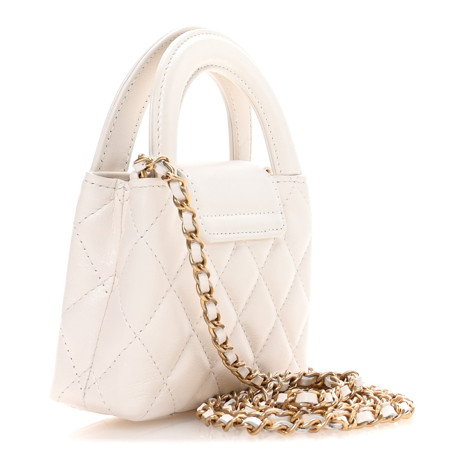 Chanel Shiny Aged Calfskin Quilted Mini Nano Kelly Shopper White