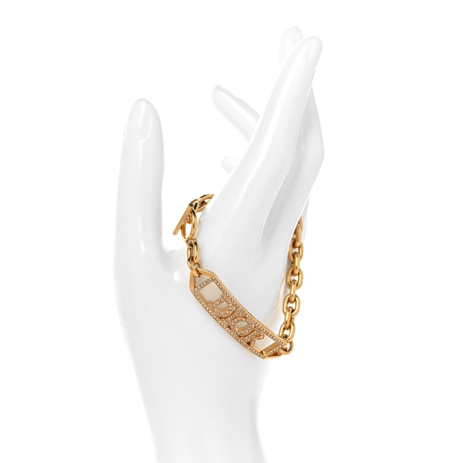 Christian Dior Metal Crystal Logo ID Chain Bracelet Gold