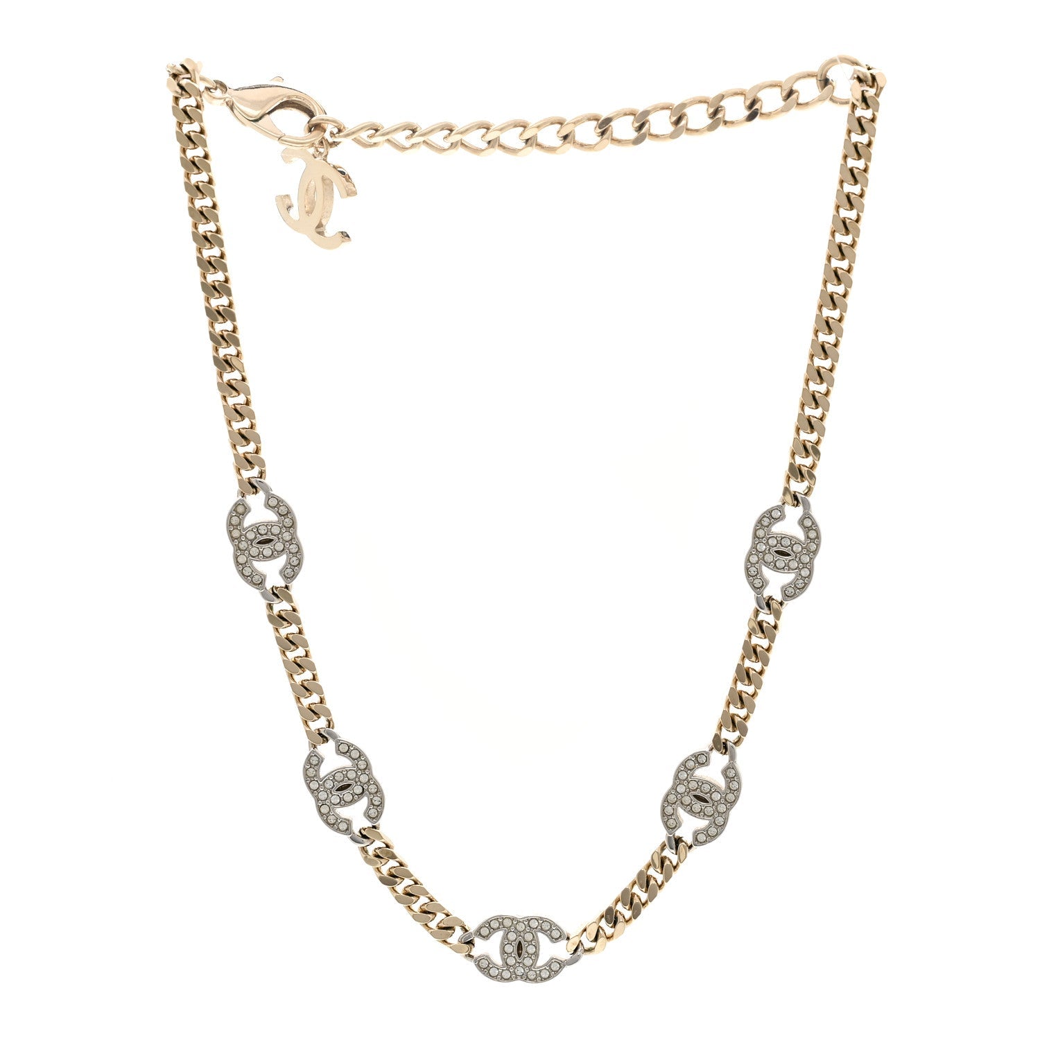 Chanel Crystal Chain CC Necklace Gold Silver