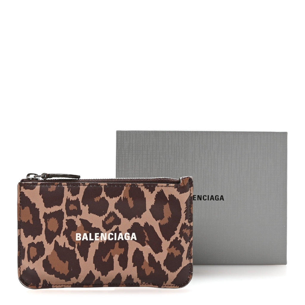 Balenciaga Calfskin Logo Leopard Print Cash Long Coin Card Holder Beige White