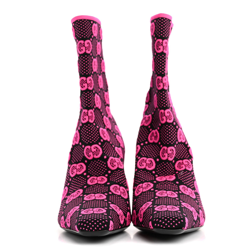 Gucci Technical Jersey Knit GG Monogram Square G 75mm Ankle Boots 37 Black Neon Fucsia