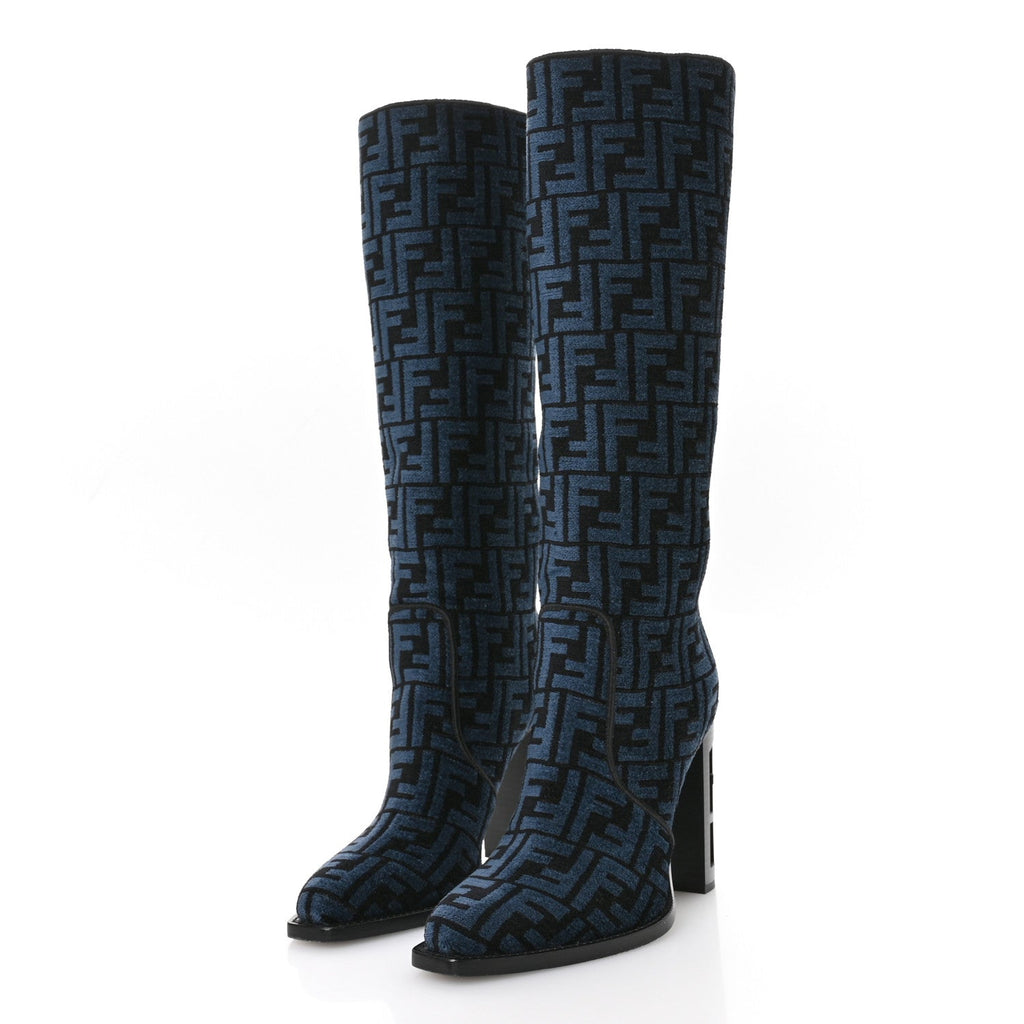 Fendi Chenille Jacquard FF 110mm Knee Boots 38 Black Blue