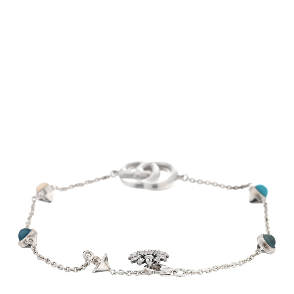 Gucci Sterling Silver Blue Topaz Mother of Pearl Resin Double G Flower Bracelet Turquoise