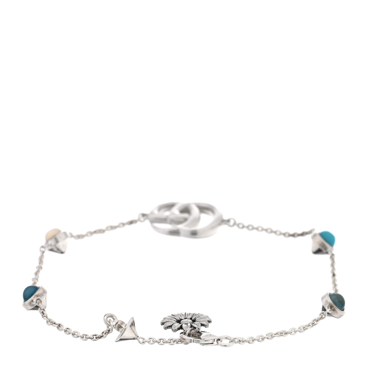 Gucci Sterling Silver Blue Topaz Mother of Pearl Resin Double G Flower Bracelet Turquoise