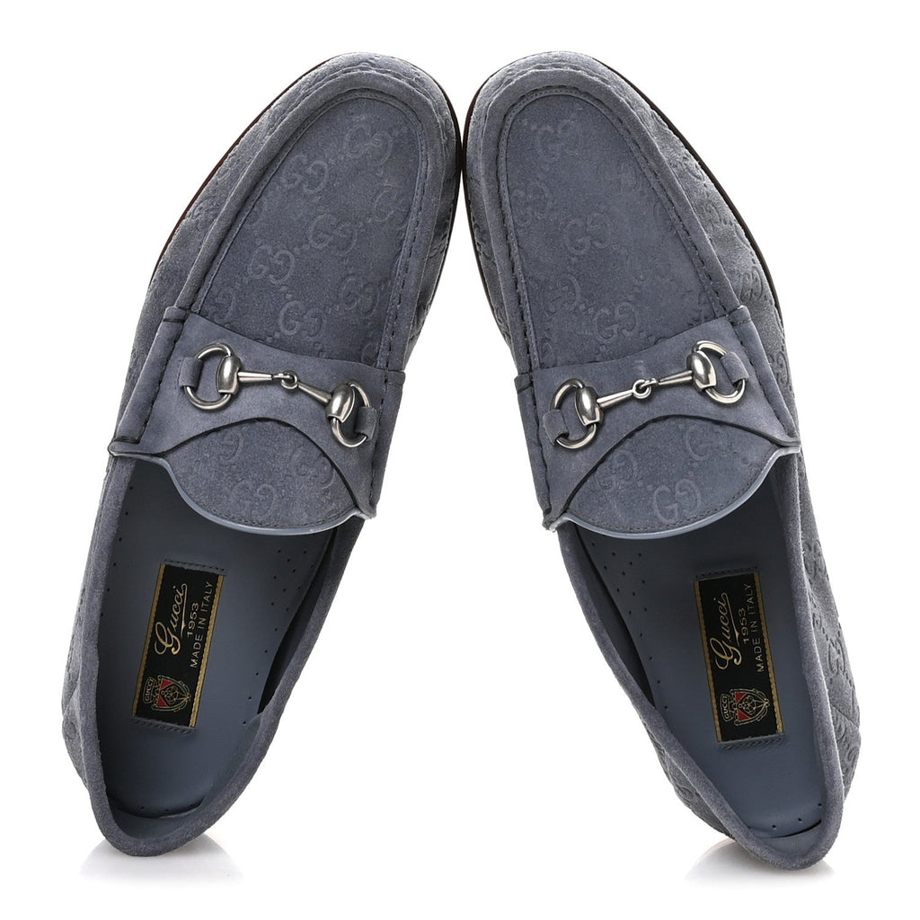 Gucci Luxury Suede Guccissima Mens Horsebit Mocassin Loafers 9.5 Foggy Grey